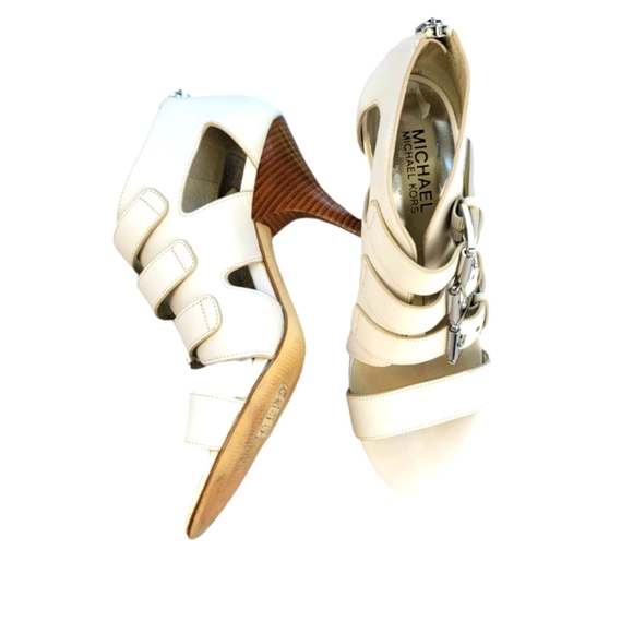 MICHAEL KORS Tripple Buckle Open Toe Leather Pumps Zip‎ Sandals Off White - Picture 4 of 14